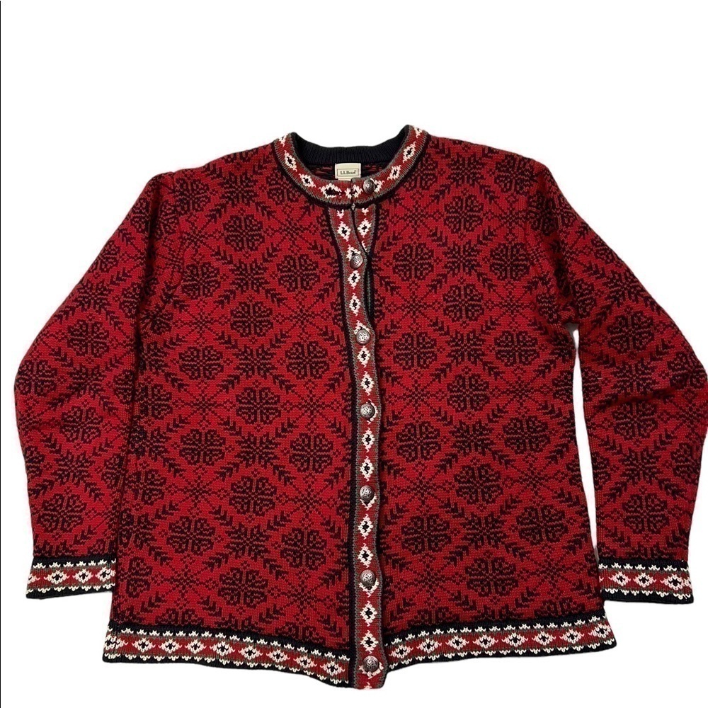 LL Bean Fair Isle Cotton Cardigan Red Snowflake Nordic Pattern - Picture 3 of 9